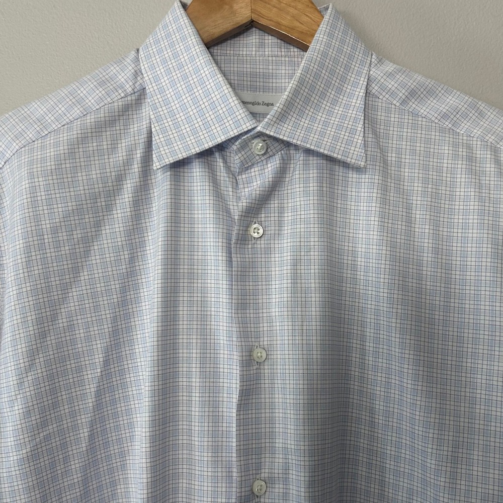Ermenegildo Zegna Button Down Shirt Mens 16.5 42 Blue Plaid Cotton Dress Classic